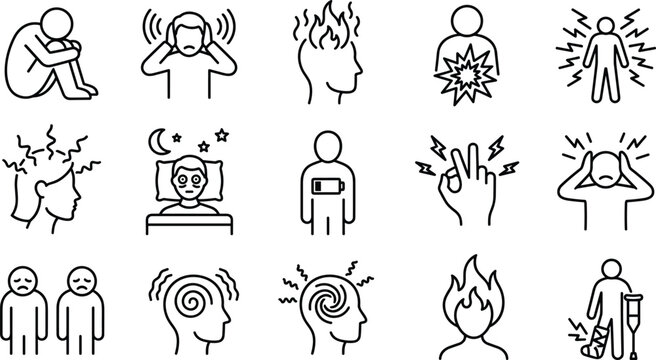 Mental health icon collection, stress disorder outline symbols, emotional wellbeing graphics, psychological symptoms illustration, human condition interface icons, CAD drawing flat vector illustration