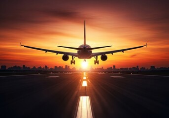 Airplane taking off at sunset on runway