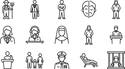 People profession icon collection, occupation outline symbols, character role graphics, workforce illustration, human job interface icons, CAD drawing flat vector illustration
