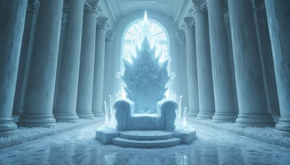 Obraz premium Majestic ice throne sits in grand hall with columns. Snow covers ground and icy formations surround seat. Cold, serene interior with bright light from window. Fantasy, winter palace setting.