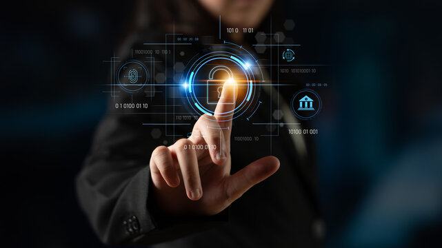 Cybersecurity system interface with biometric lock and data protection. Cybersecurity protects access, identity, cyber security prevents threats, and cyber security supports digital systems. Latch - Powered by Adobe