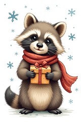 Illustration of a cute raccoon with a Christmas present. Image on a white photo