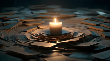 Illuminated candle surrounded by stacks of open books creates a peaceful atmosphere for learning and reflection.