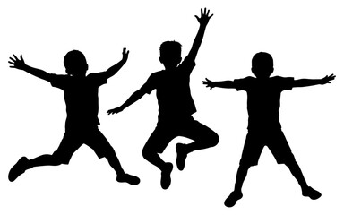 Children jumping silhouette illustration showing playful energy and joy, black and white dynamic pose icon set