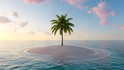 
Small Isolated Tropical Island with Single Palm Tree in the Ocean at Sunset or Sunrise