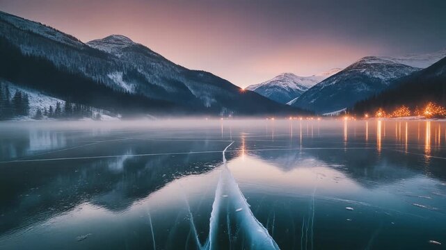 A serene winter landscape featuring a frozen lake reflecting snow-capped mountains under a soft twilight sky.