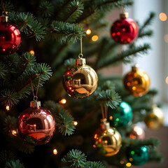 Beautifully decorated Christmas tree with reflective gold, red, and green ornaments and warm bokeh lights, perfect for festive holiday themes.