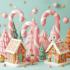 Whimsical Pastel Christmas Scene with Gingerbread Houses, Pink Trees, and Sweet Candy Canes