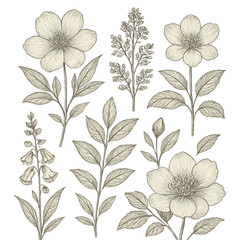 Elegant Hand-Drawn Botanical Illustration Set with Vintage Sepia Flowers and Leaves on White Background