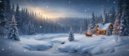 Enchanting Snowy Cabin in a Winter Forest