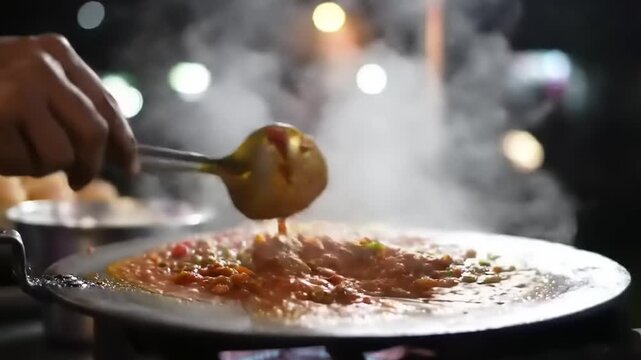 Chef preparing delicious Indian street food on a hot griddle with steam rising at night.
