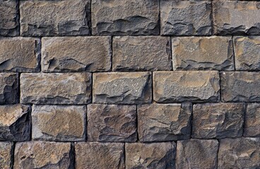 Background, texture wall composed of natural stone volcanic tuff gray, roughly processed
