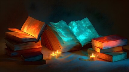 Ancient illuminated books and glowing candles create a magical atmosphere of knowledge and mystery in a darkened study.
