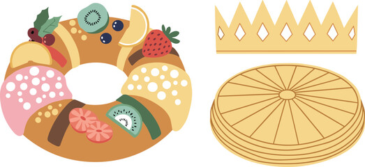 Traditional king cake with crown and festive decorations