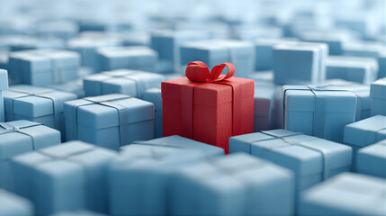 Obraz premium Standing out red gift box among many blue boxes