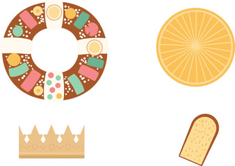 King cake elements for mardi gras celebration isolated on white background