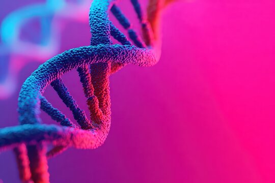 Close Up Of A Glowing Blue And Pink DNA Double Helix Molecule With Shallow Depth Of Field