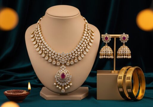 Exquisite indian diamond necklace and jhumka earrings with gold bangles
