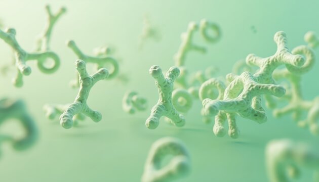 Scattered immunoglobulin A IgA molecules and secretory protein Y shapes float in soft green light. These antibodies have a unique structure important for immune defense and medical research.