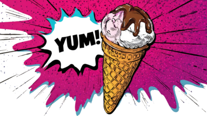 pop art illustration of ice cream cone with chocolate topping and bold comic style text creating vibrant playful artwork on white background