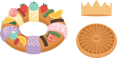 Traditional rosca de reyes king cake with crown and basket