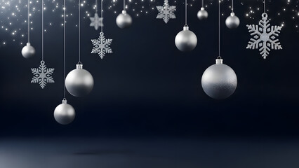 Merry Christmas background with red and gold decoration balls and snowflakes, a festive holiday celebration design card