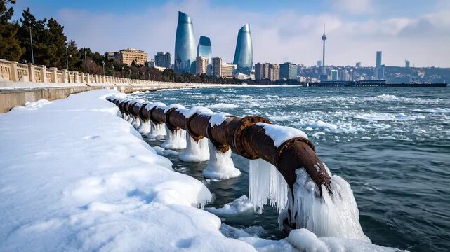 Winter Scene: Baku Cityscape with Icy Pipe and Sea