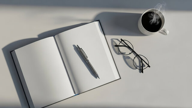 Quiet workspace with an open notebook pen glasses and steaming coffee