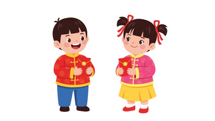 Children celebrating Lunar New Year with red envelopes and festive attire