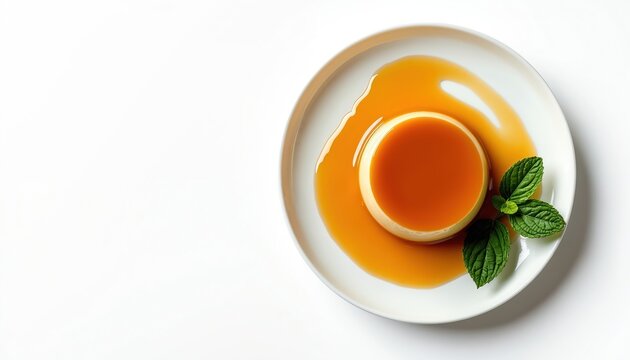 Creamy custard pudding with rich caramel sauce and fresh mint leaves sits on a white plate against a clean white background. This classic french dessert offers a delightful sweet treat. - Powered by Adobe
