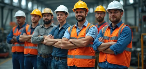 Diverse group of factory workers stand in line with arms crossed. Men wear hard hats and safety vests in a manufacturing plant setting, showing unity and strength. Industrial team poses together.