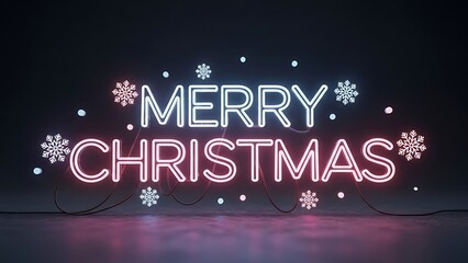 Neon Merry Christmas Sign with Snowflakes and Snowfall Effect lights
