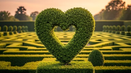 Heart shaped shrubbery in a formal garden at sunset with manicured hedges