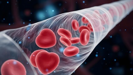 Detailed illustration of red blood cells flowing through a narrow blood vessel