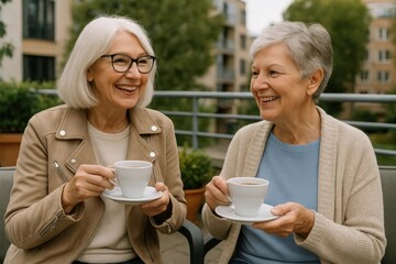 Two senior women smiling and drinking coffee on an outdoor terrace, enjoying friendly conversation in a casual urban setting.
