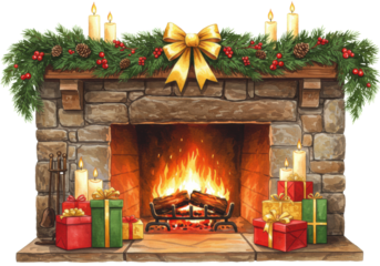 A detailed watercolor illustration of a rustic stone fireplace adorned with pine garland, glowing pillar candles, and wrapped christmas presents, isolated on white. Cozy holiday atmosphere