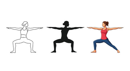 Set of three warrior ii yoga poses outline, silhouette and full color illustration of woman practicing asana