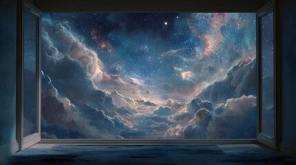 Open window frames a breathtaking view of swirling clouds and a vibrant, colorful night sky filled with stars.