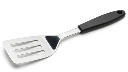 Metal slotted spatula with black handle for grilling and cooking
