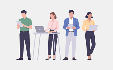 Fototapeta premium Diverse professionals actively engage with their digital devices and collaborate in a contemporary business setting