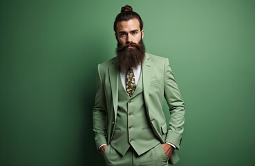 Fototapeta premium Bearded man with top knot stands in green suit. He wears floral tie. Man poses with hands in pockets against green wall. Male model is stylish and confident.
