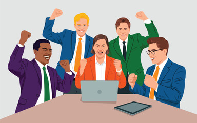 Five excited business professionals celebrate their shared success and achievement gathered around a laptop