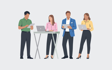 Obraz premium Four diverse business professionals standing and working with modern technology like laptops and tablets