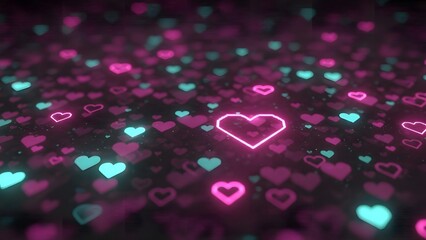 Neon hearts floating in a dark abstract space creating a romantic atmosphere