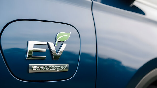 Electric Vehicle EV EcoCharged logo on modern blue car paint for sustainability