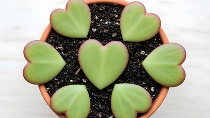 Succulent plant with heart shaped leaves in a terracotta pot close up