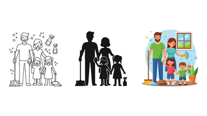 Fototapeta premium Family cleaning together set outline, silhouette and color illustration of parents and children with cleaning supplies
