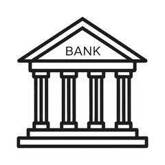 A minimalist black and white line drawing of a bank building featuring a triangular pediment and four classical columns.