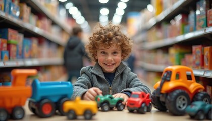 Obraz premium Smiling boy with curly hair plays with toy cars in store aisle. Shelves full of colorful toys surround kid. Childhood fun and imagination shown as he explores playthings.