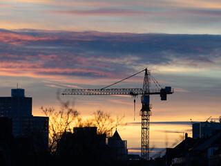 Crane in the Sunset of Duesseldorf Germany in November 2025 - City Developement. High quality photo